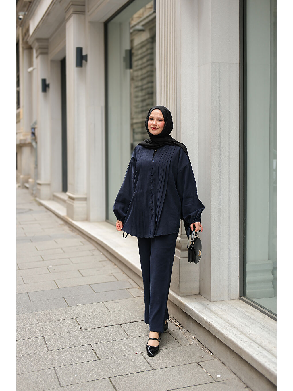 Kadın Süs Dikişli Büzgülü Takım Lacivert-2