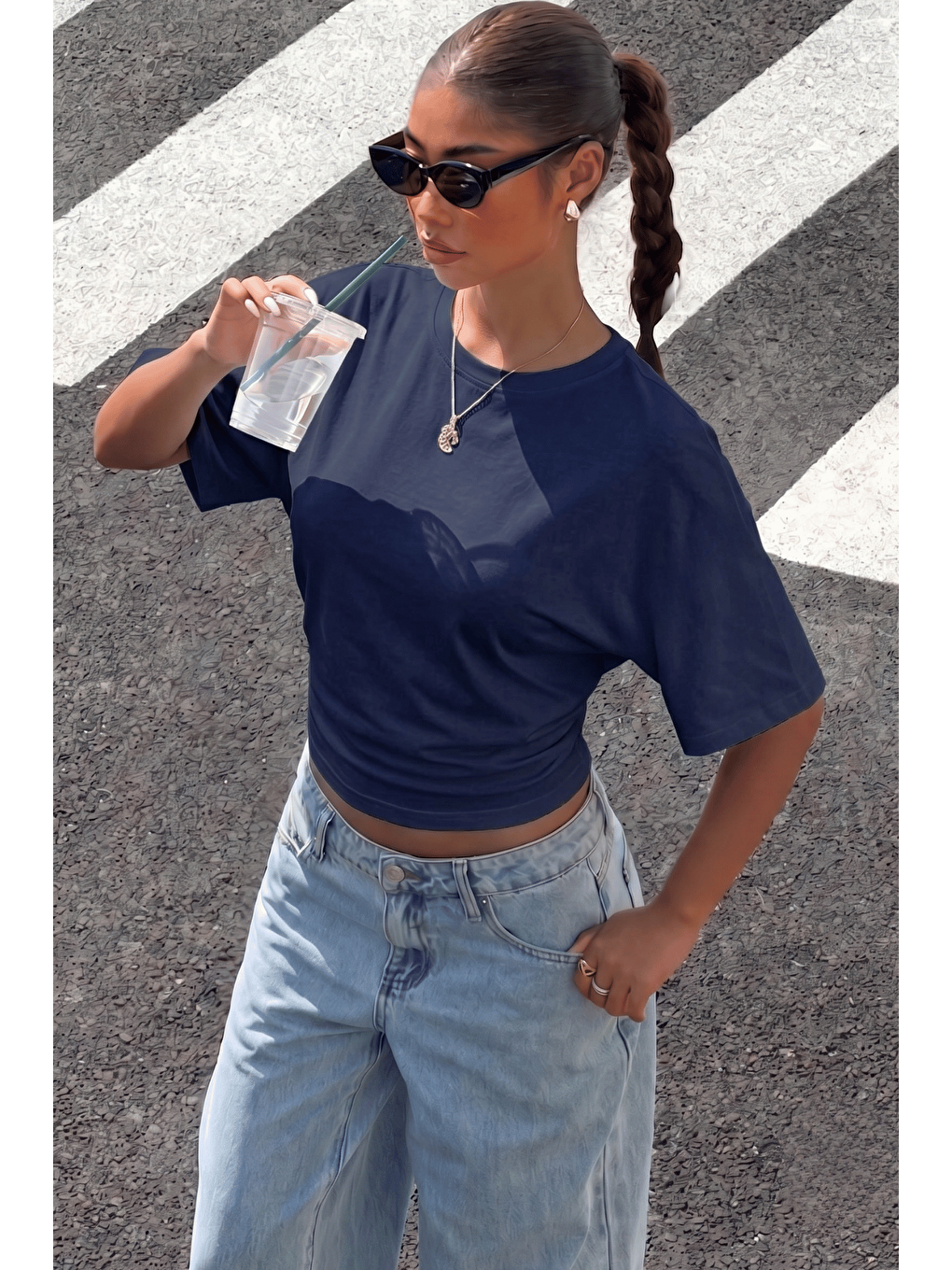 Lacivert Kadın Bele Oturan Geniş Kollu Bluz Yarasa Kol Siyah Bluz Yarasa-bluz-1