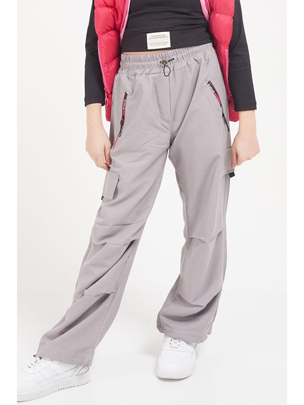 Gri Şeritli Fermuarlı Kargo Cepli Kız Paraşüt Pantolon 17617-2