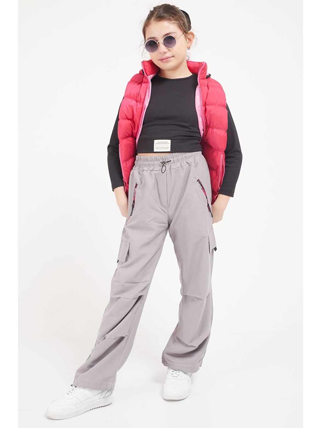 Gri Şeritli Fermuarlı Kargo Cepli Kız Paraşüt Pantolon 17617-3