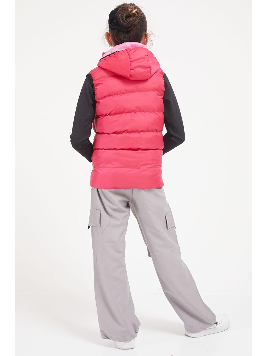 Gri Şeritli Fermuarlı Kargo Cepli Kız Paraşüt Pantolon 17617-4