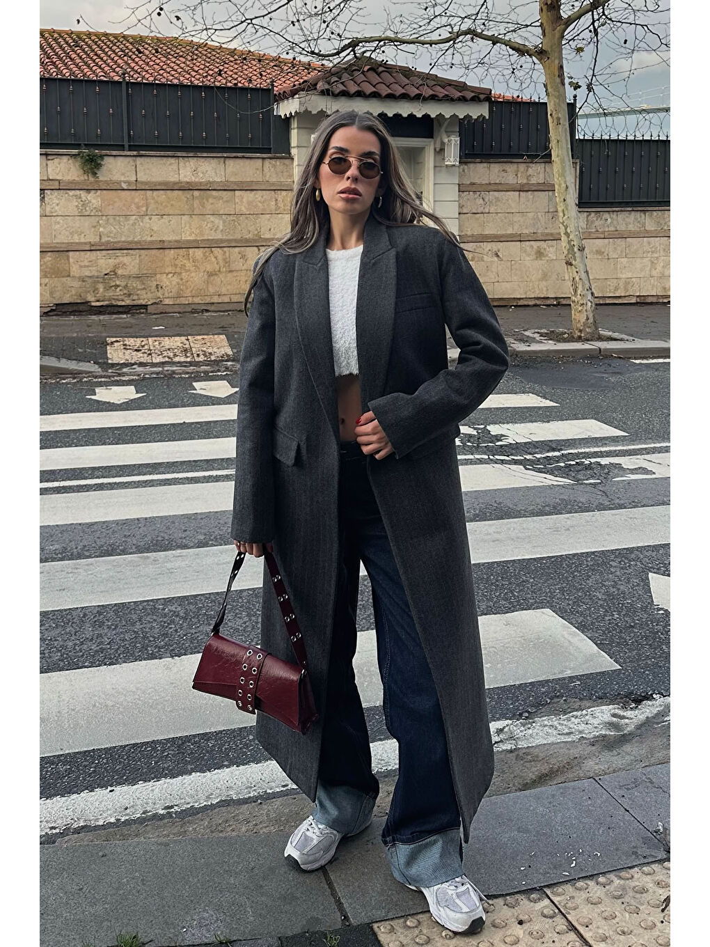 Antrasit Çizgili Kruvaze Kaşe Kaban 5KXK4-49070-36-1