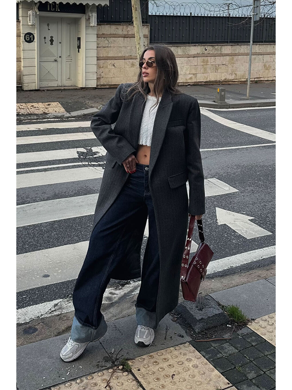 Antrasit Çizgili Kruvaze Kaşe Kaban 5KXK4-49070-36-2