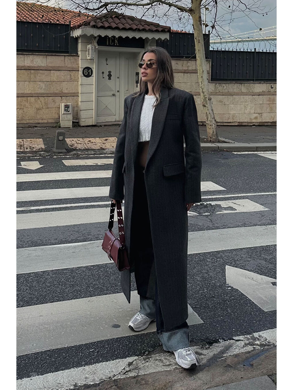 Antrasit Çizgili Kruvaze Kaşe Kaban 5KXK4-49070-36-3