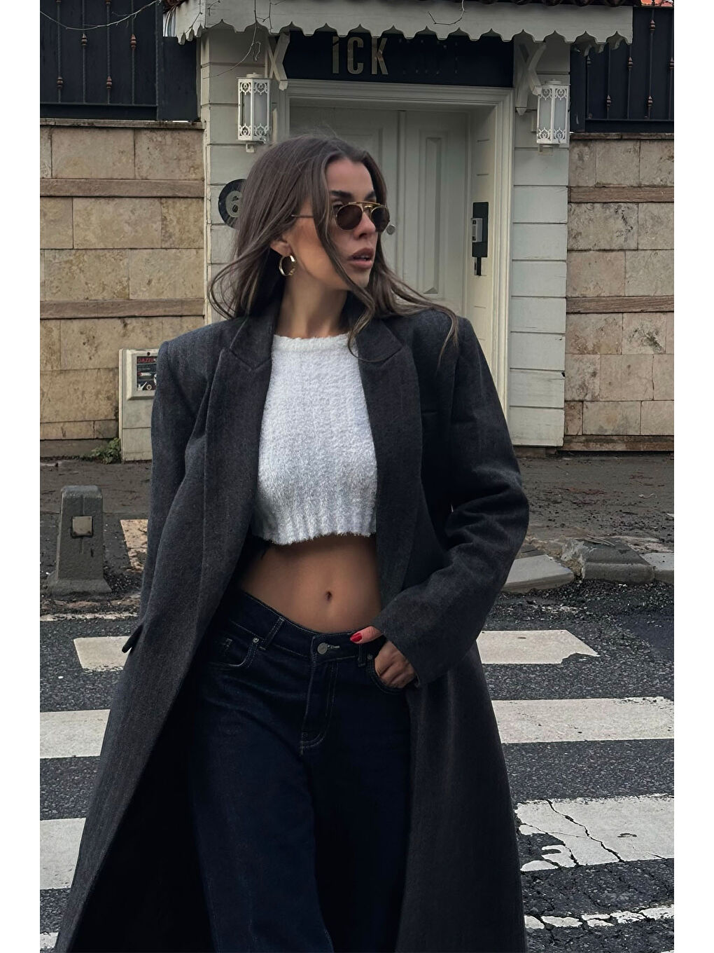 Antrasit Çizgili Kruvaze Kaşe Kaban 5KXK4-49070-36-4