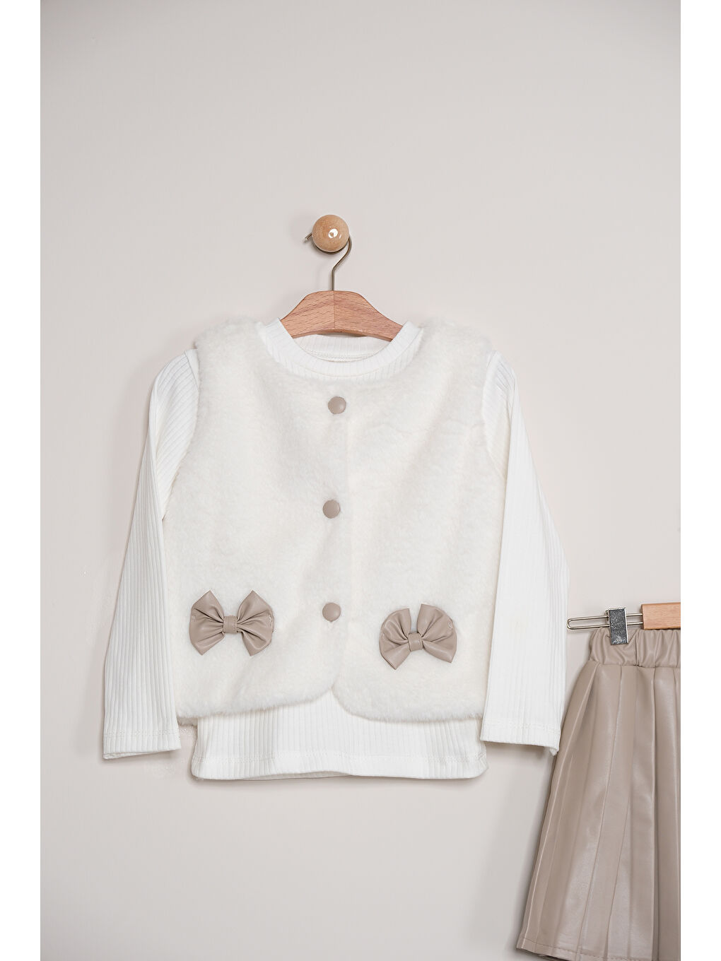 Kahverengi Kız Çocuk Badili Pelüş Yelekli Deri Etekli Takım TKM 9090-3