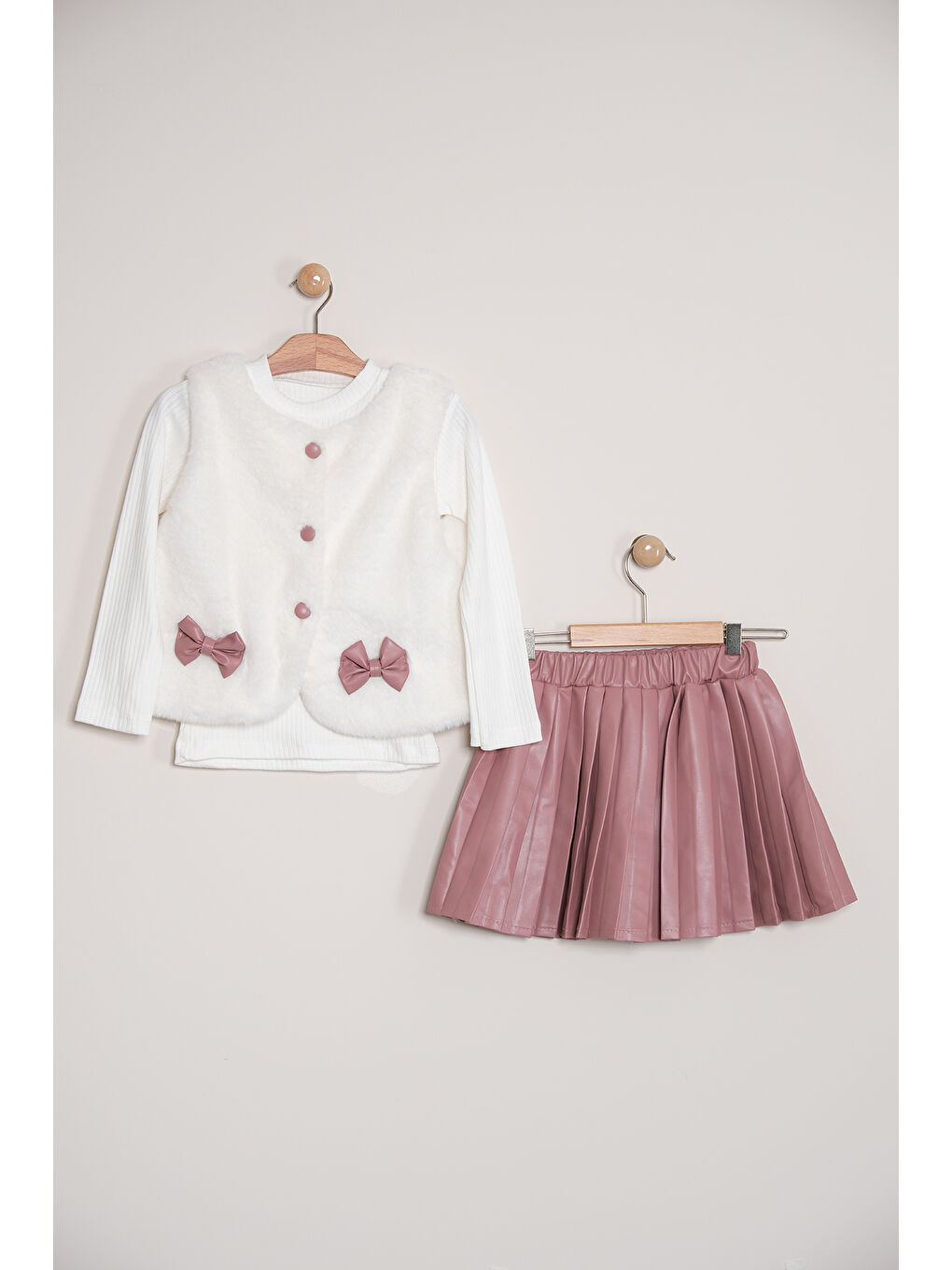 Pembe Kız Çocuk Badili Pelüş Yelekli Deri Etekli Takım TKM 9090