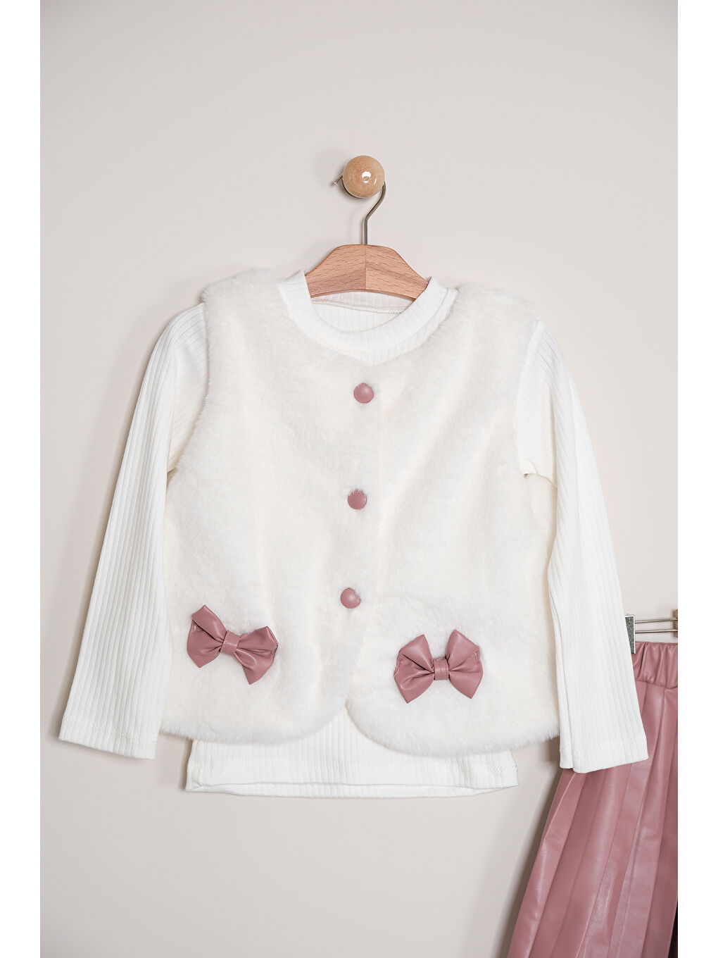 Pembe Kız Çocuk Badili Pelüş Yelekli Deri Etekli Takım TKM 9090-1
