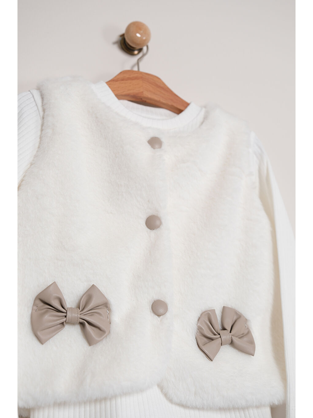 Kahverengi Kız Çocuk Badili Pelüş Yelekli Deri Etekli Takım TKM 9090-4