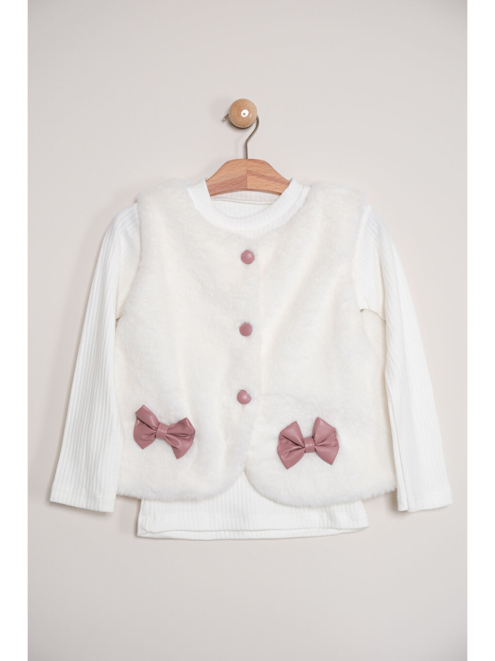 Pembe Kız Çocuk Badili Pelüş Yelekli Deri Etekli Takım TKM 9090-4