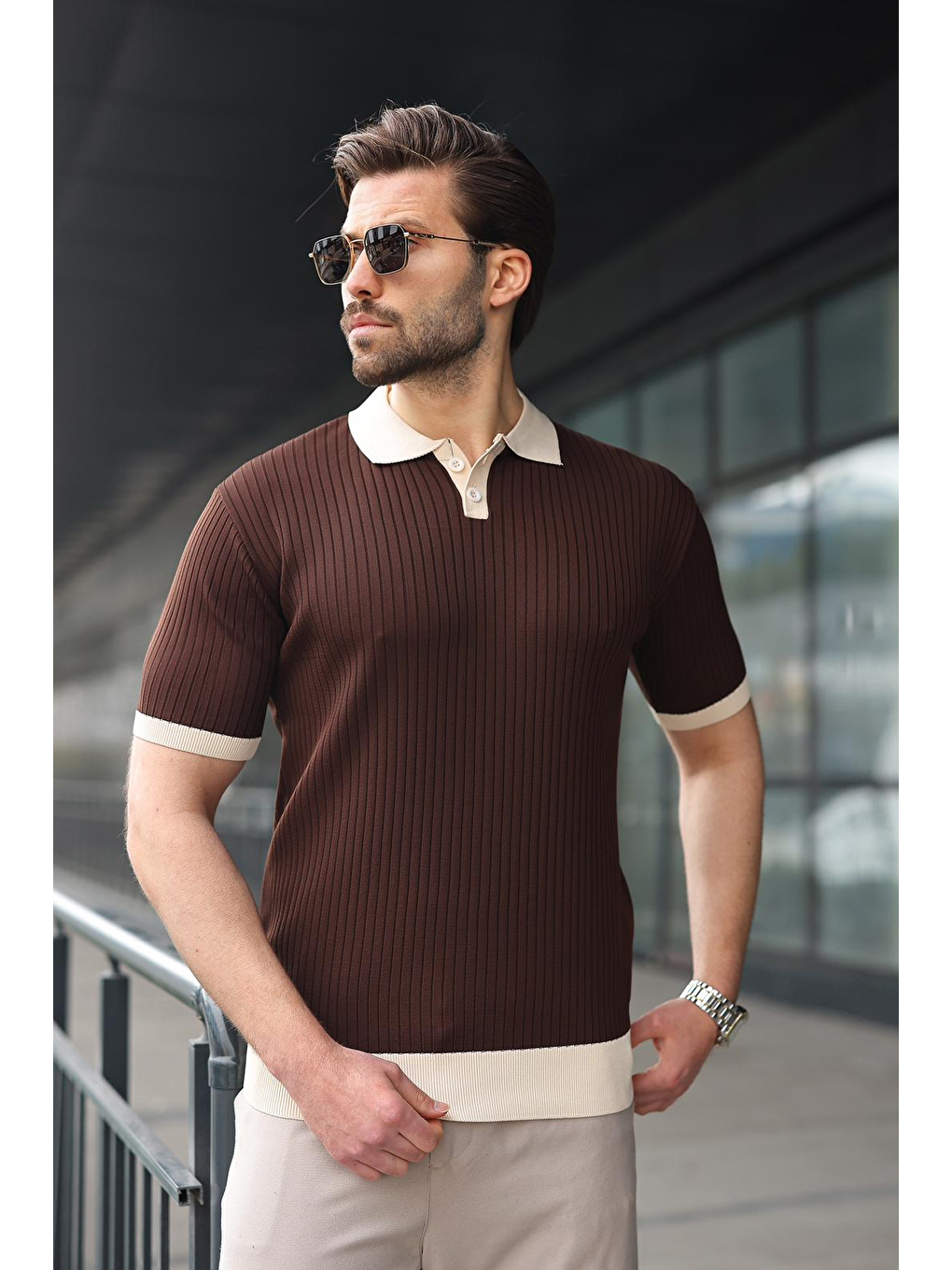 Kahverengi Polo Yaka Triko Erkek Tişört E7471-1
