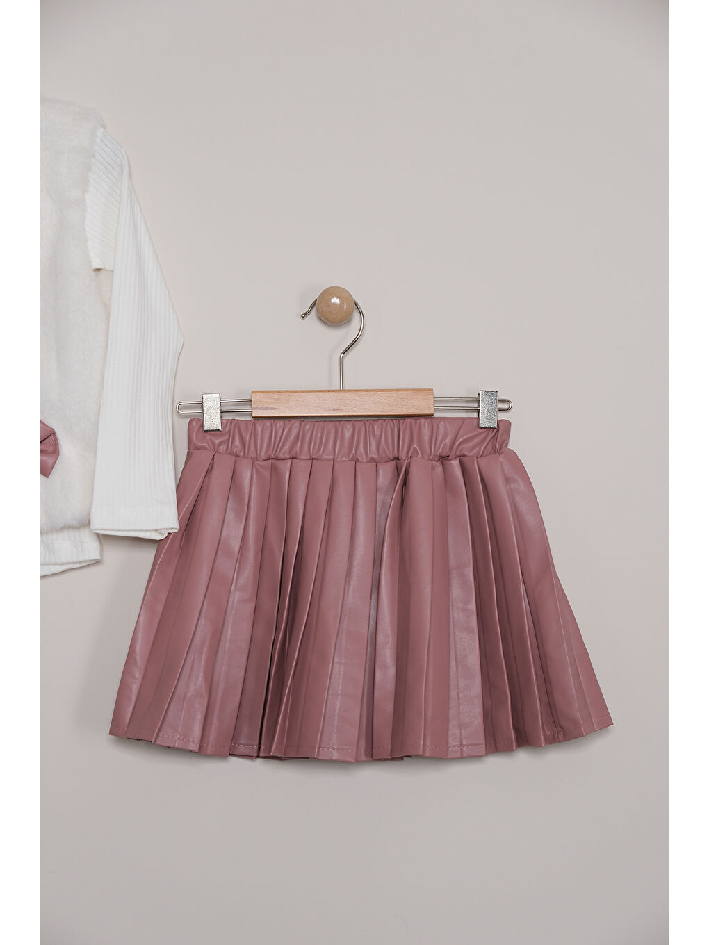 Pembe Kız Çocuk Badili Pelüş Yelekli Deri Etekli Takım TKM 9090-8