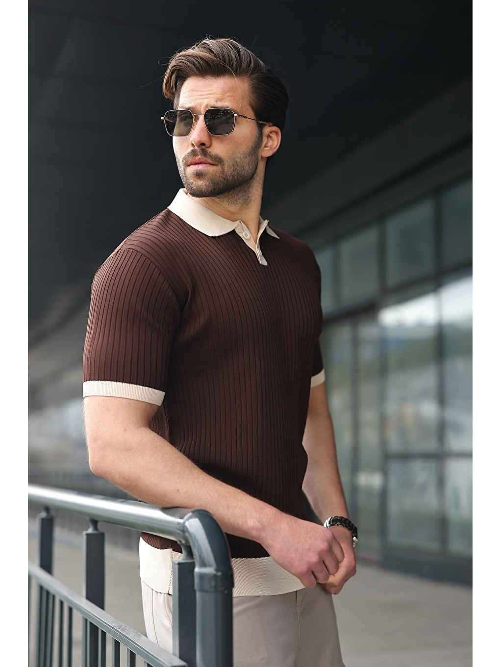 Kahverengi Polo Yaka Triko Erkek Tişört E7471-2