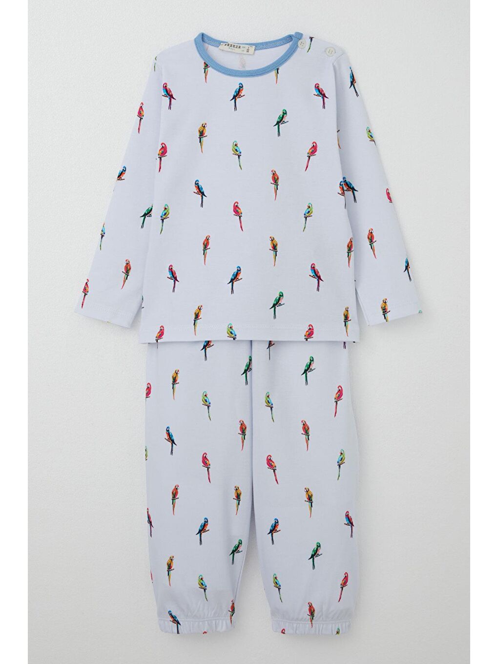 Erkek Çocuk Pijama Takımı Renkli Papağan Desenli Buz Mavisi (1-3 Yaş)