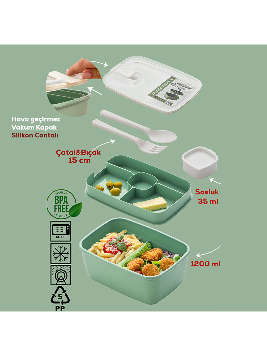 3191 Vakumlu Kendinden Kaşık Çatallı Sosluklu Bölmeli Beslenme Çantası Lunch Box-1200 Ml Yeşil-2