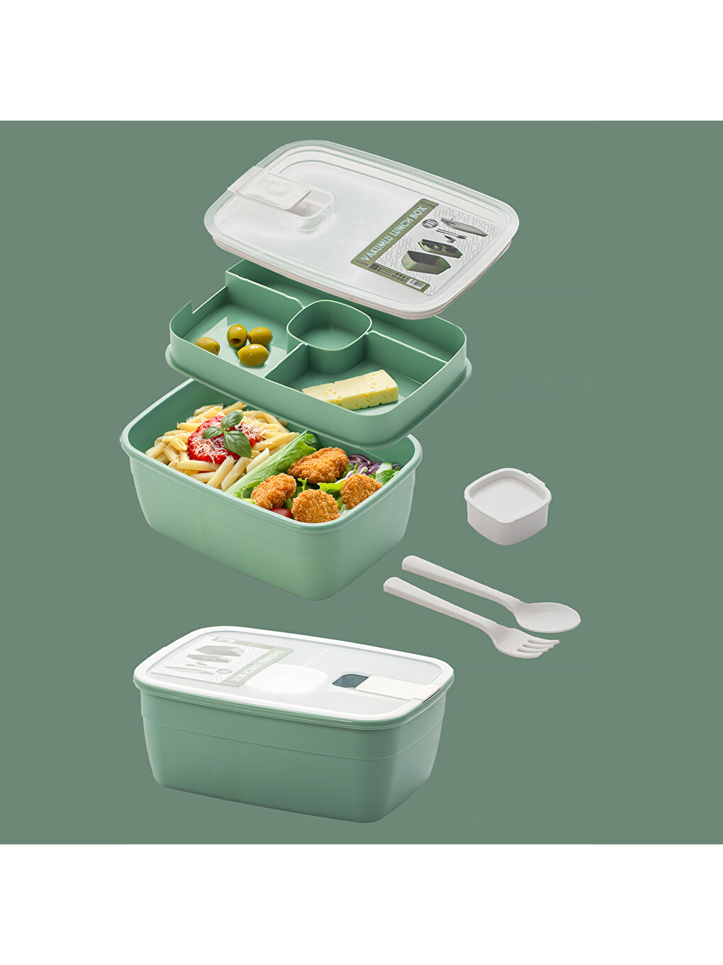 3191 Vakumlu Kendinden Kaşık Çatallı Sosluklu Bölmeli Beslenme Çantası Lunch Box-1200 Ml Yeşil-3