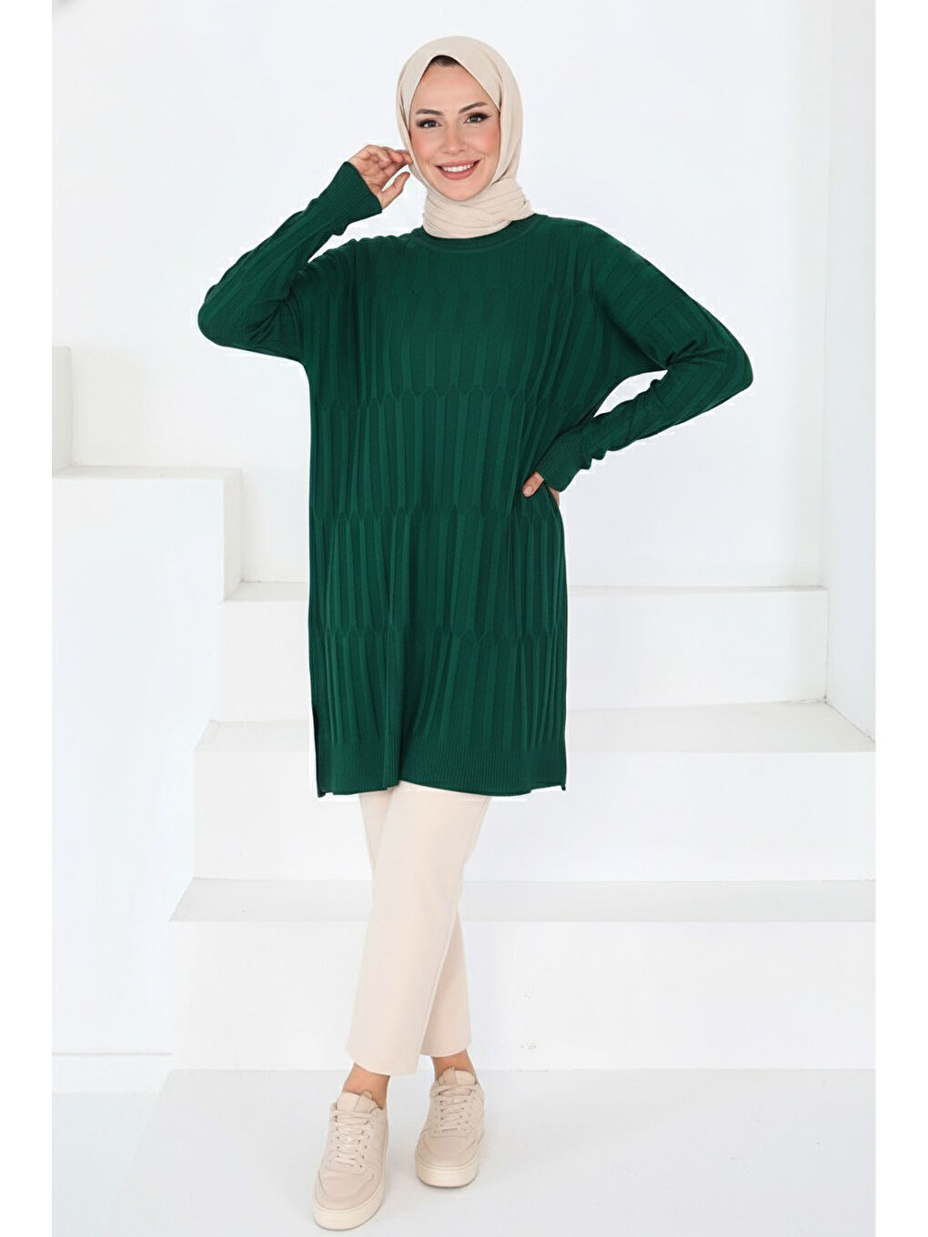 Yeşil Janjanlı Triko Tunik Zumrut - 27797-ZUMRUT