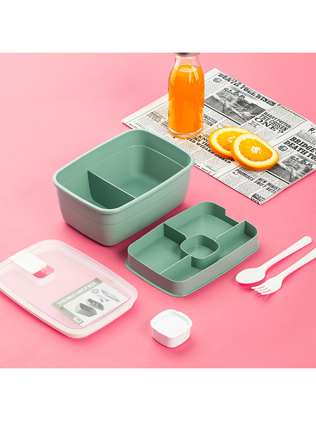 3191 Vakumlu Kendinden Kaşık Çatallı Sosluklu Bölmeli Beslenme Çantası Lunch Box-1200 Ml Yeşil-4