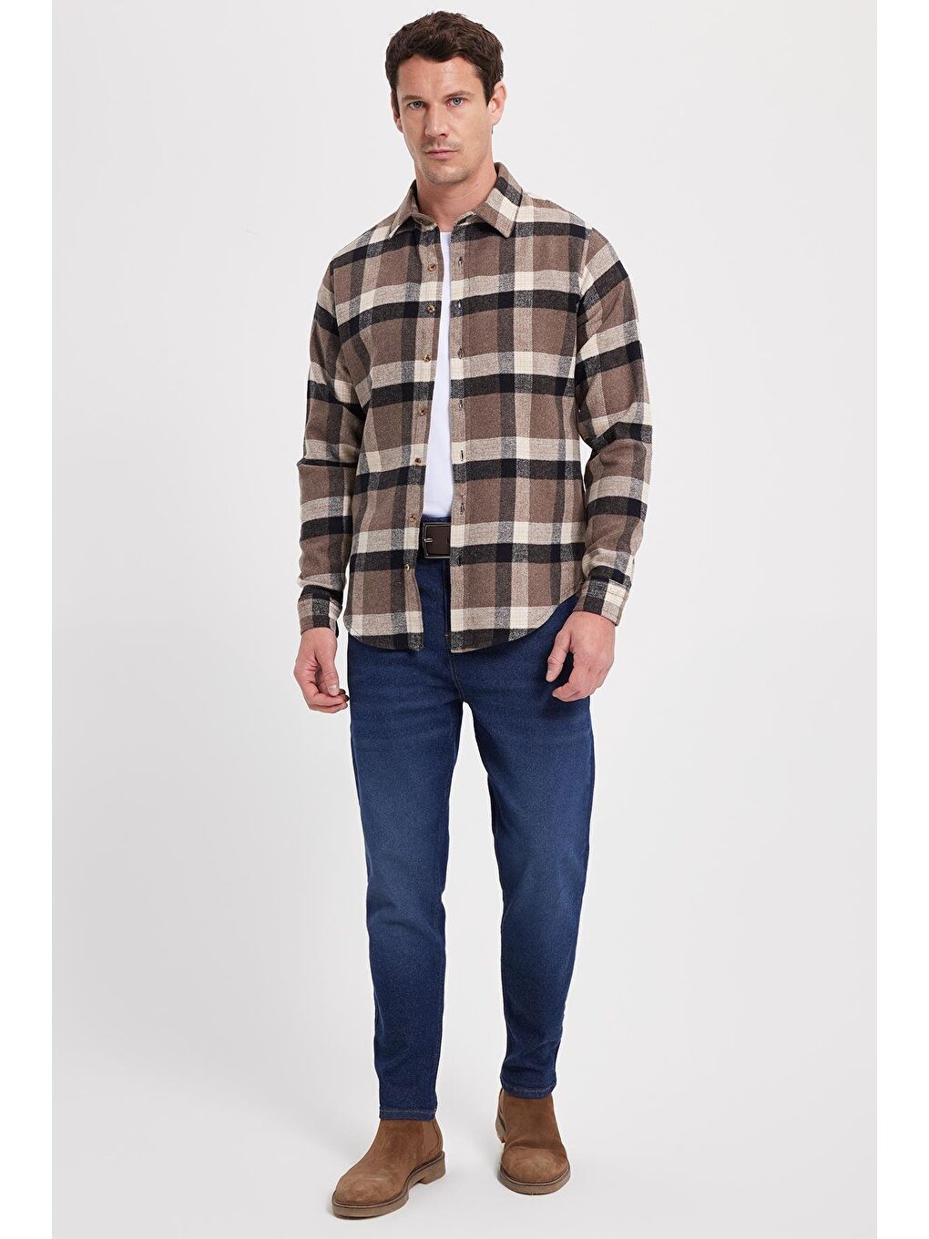 Kahverengi Erkek Slim Fit Dar Kesim Kareli Kışlık Oduncu Gömlek-1