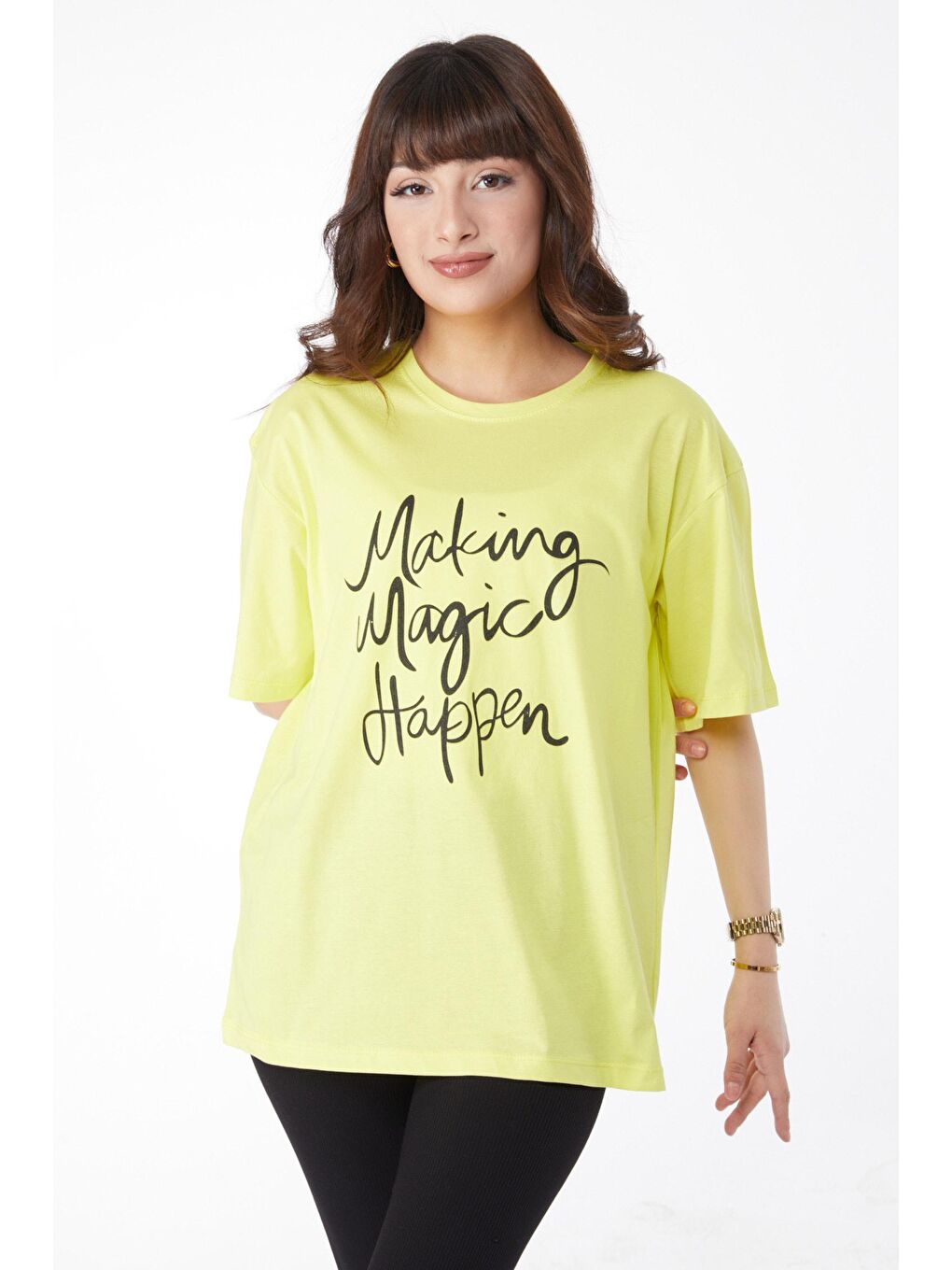 Bisiklet Yaka Kadın Yeşil Baskılı T-Shirt - 25173-1