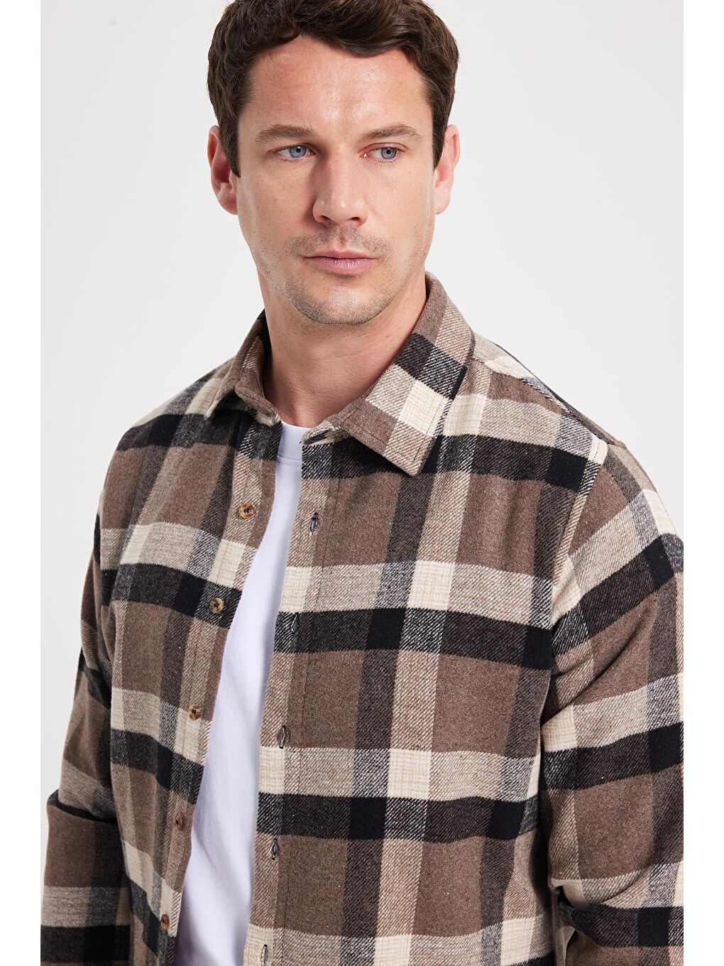 Kahverengi Erkek Slim Fit Dar Kesim Kareli Kışlık Oduncu Gömlek-2