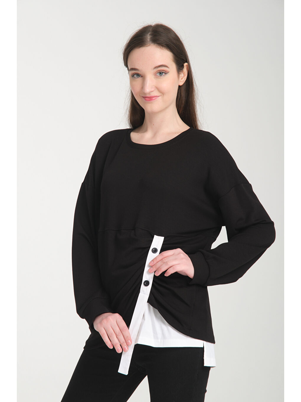 Siyah Kadın Önü Düğmeli Bluz 6219-4