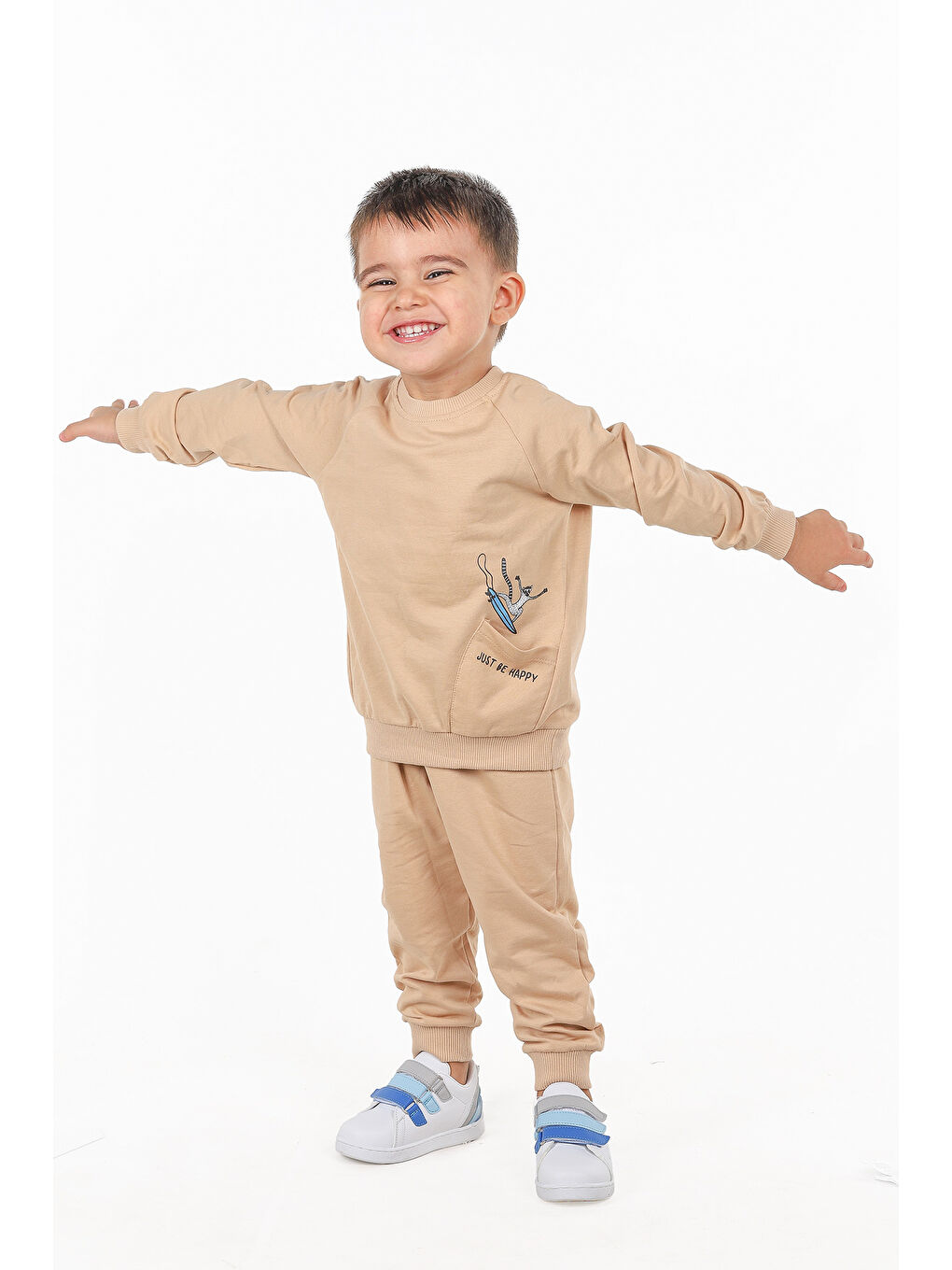 KİKO Bej Just Be Happy Baskı Erkek Bebek Sweatshirt Eşofman 2'Li Takım