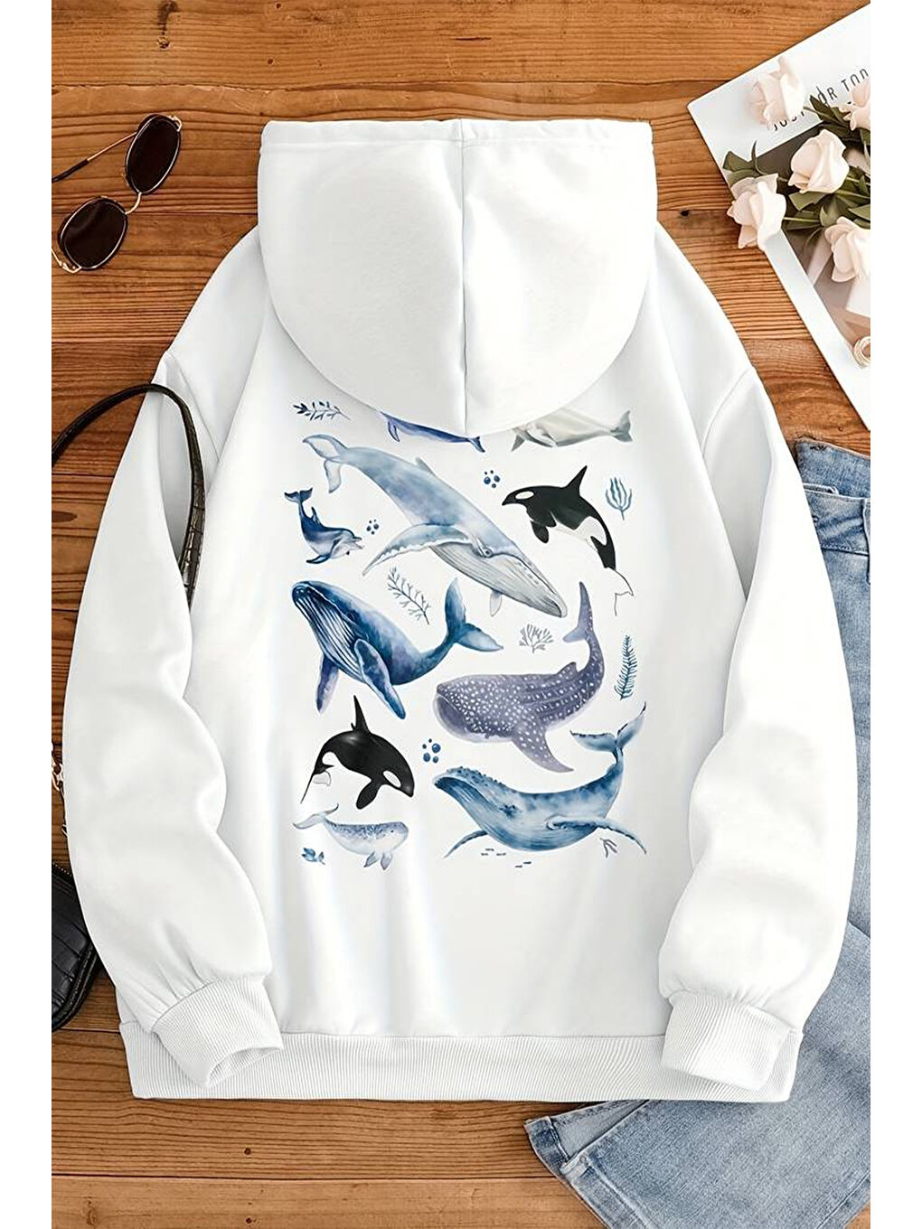 uyguntarz Beyaz Whales Baskılı Oversize Sweatshirt