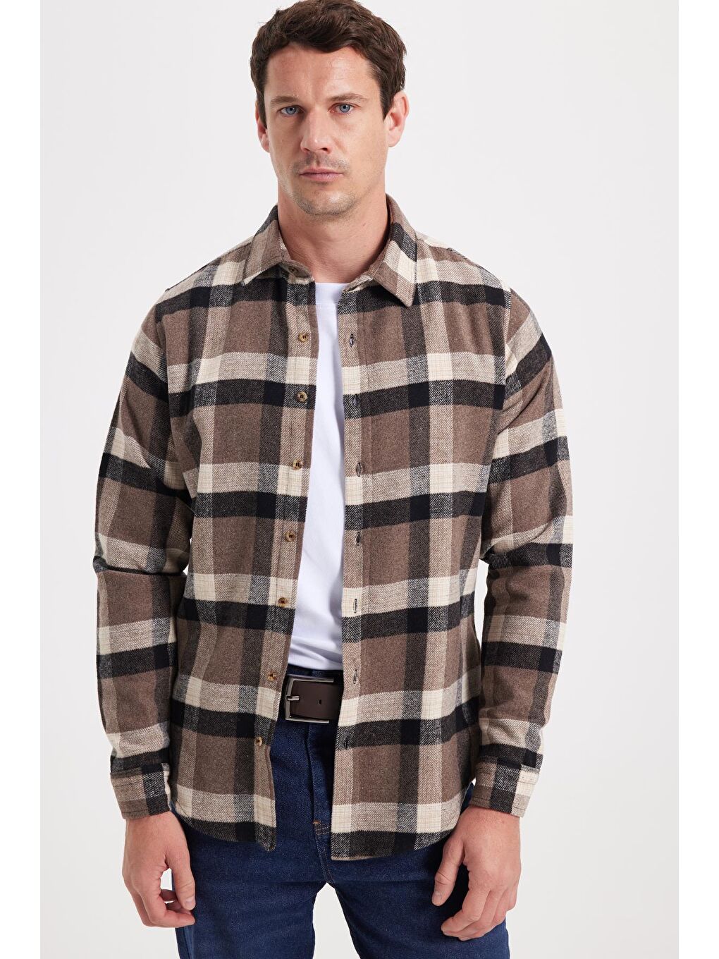 Kahverengi Erkek Slim Fit Dar Kesim Kareli Kışlık Oduncu Gömlek-6