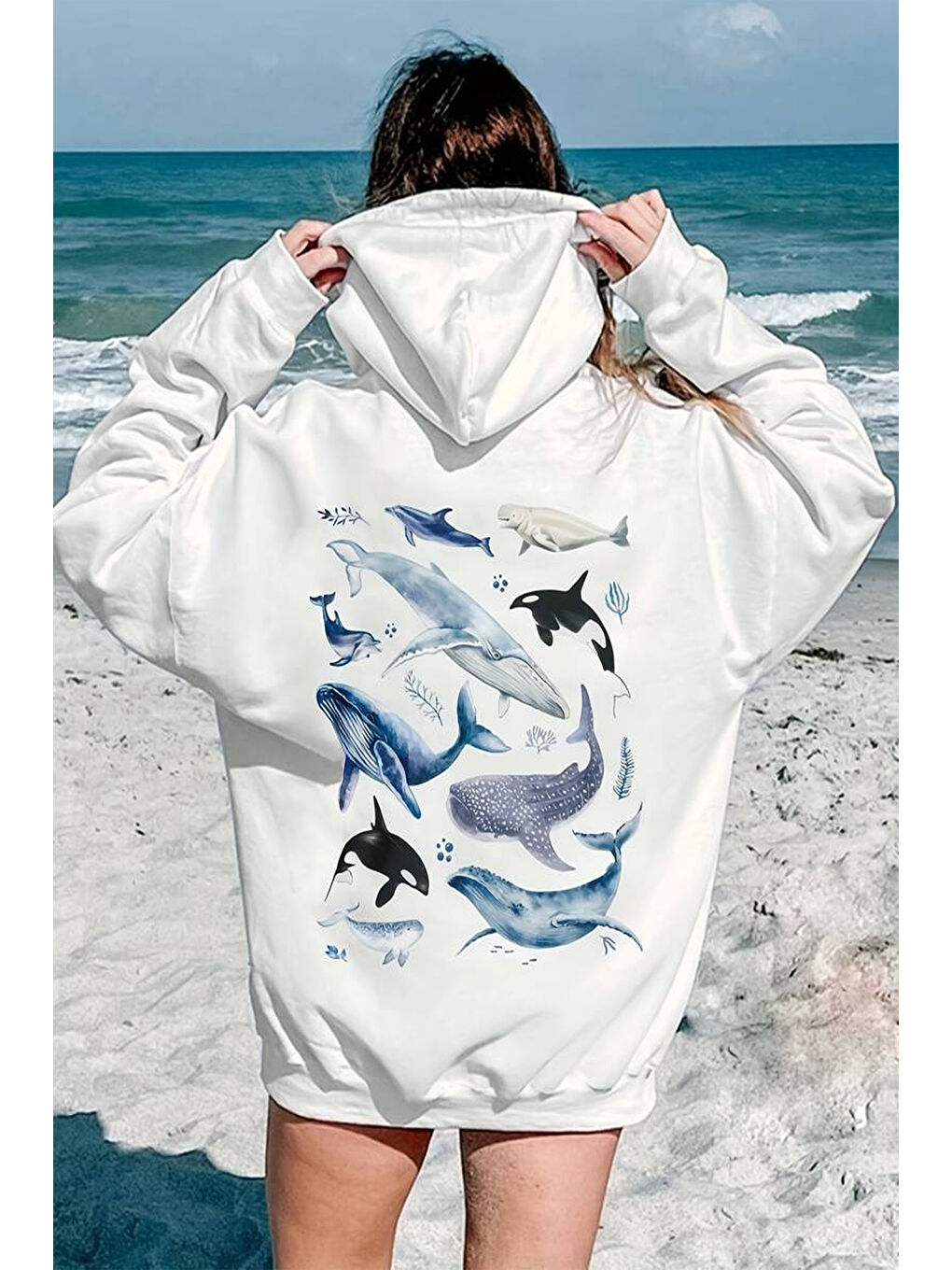 uyguntarz Beyaz Whales Baskılı Oversize Sweatshirt - 1