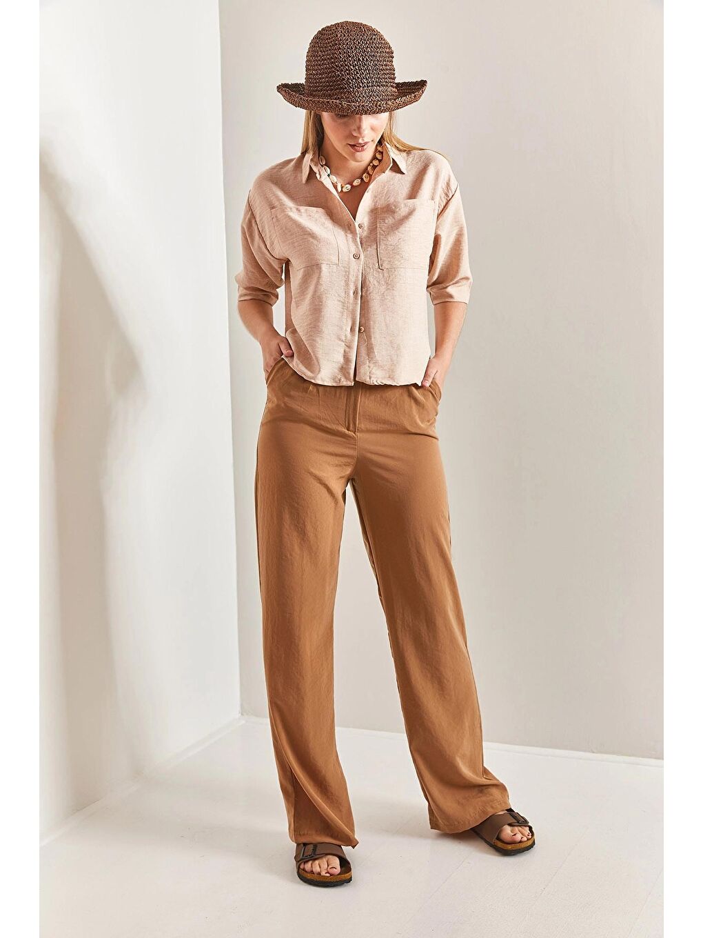 Kahverengi Kadın Çimalı Palazzo Pantolon-2