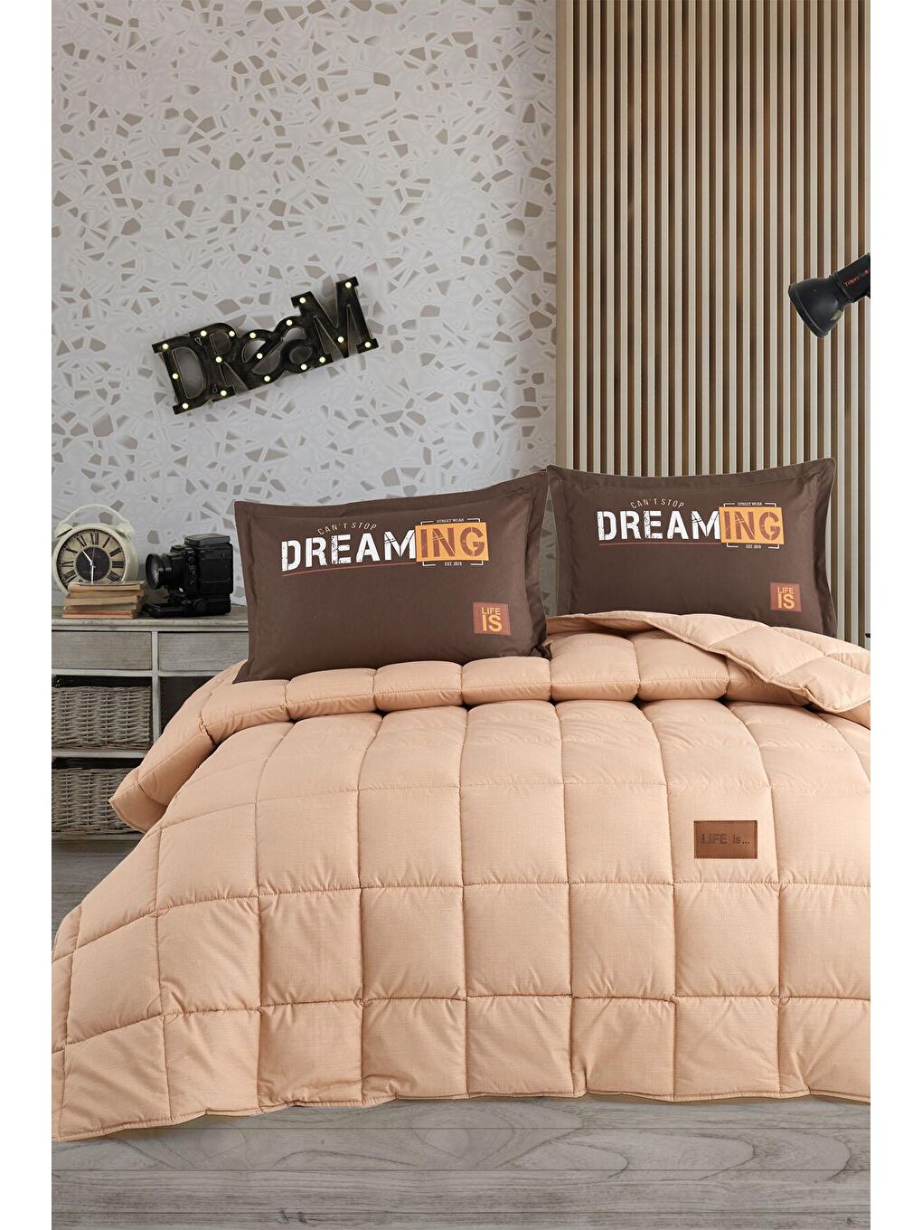 Ranforce %100 Pamuk Çift Kişilik  Uyku Seti Life is V4 Bej-2