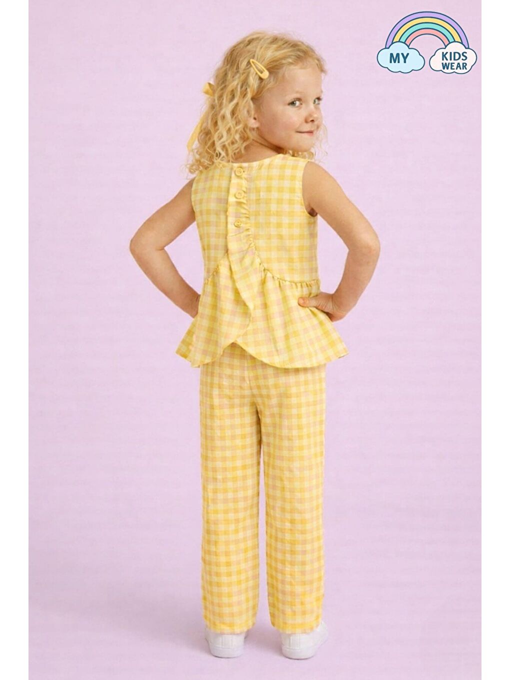 Sarı Kız Çocuk Pötikareli Peplum Bluz ve Pantolon Takımı 12690-1
