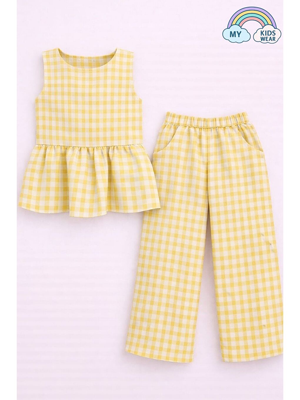 Sarı Kız Çocuk Pötikareli Peplum Bluz ve Pantolon Takımı 12690-2