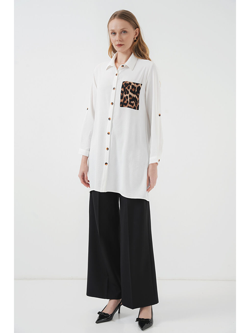 5851 Cep Detaylı Gömlek Tunik - Beyaz-1