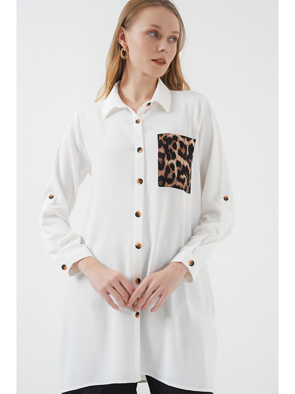 5851 Cep Detaylı Gömlek Tunik - Beyaz-2