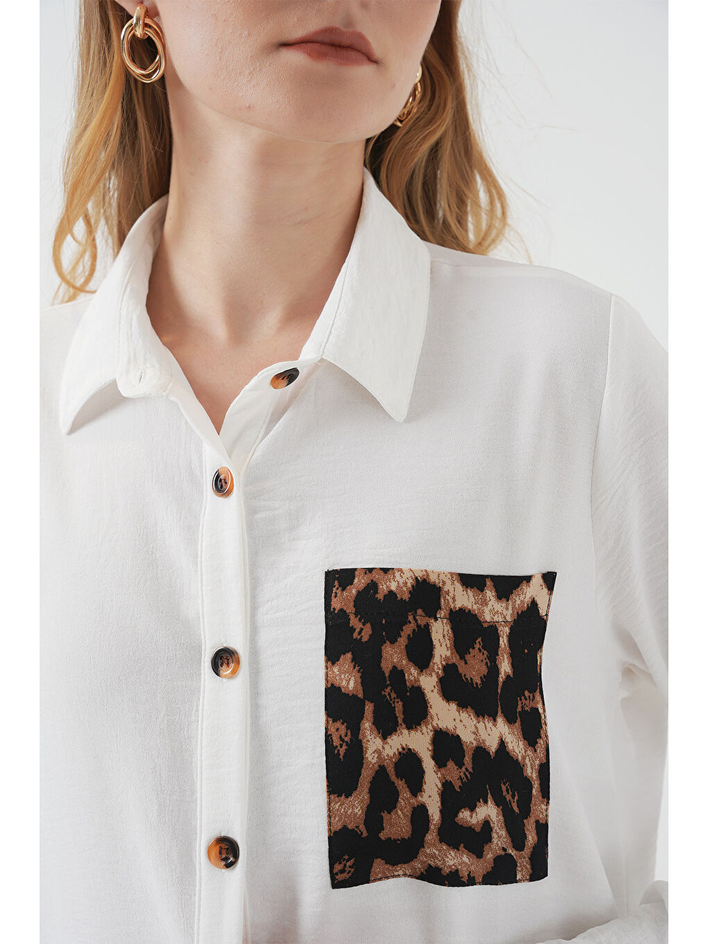 5851 Cep Detaylı Gömlek Tunik - Beyaz-3