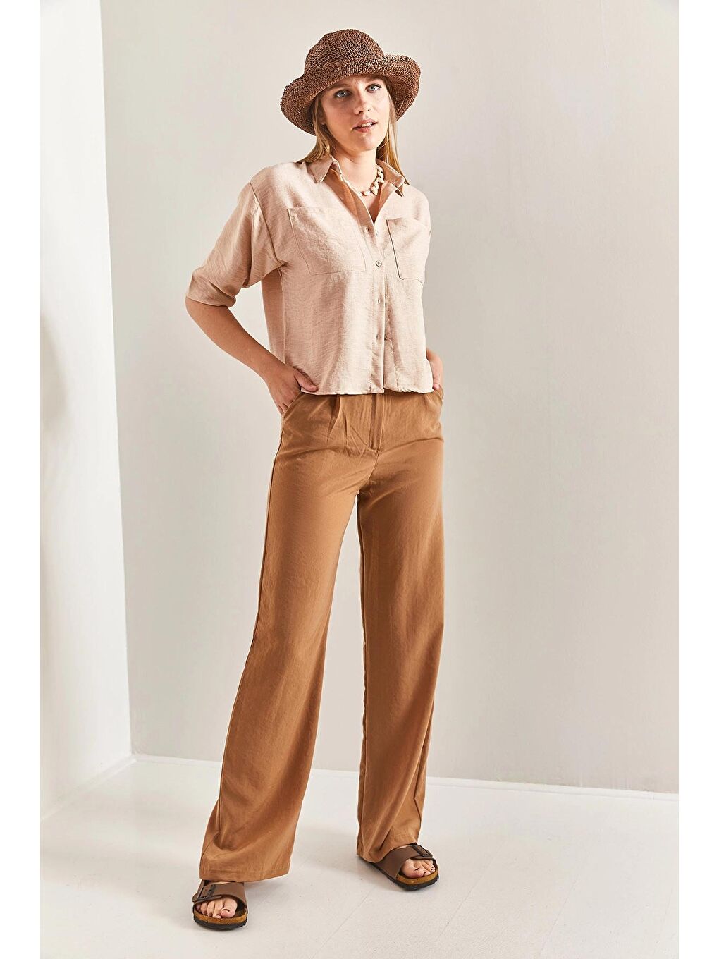 Kahverengi Kadın Çimalı Palazzo Pantolon-3