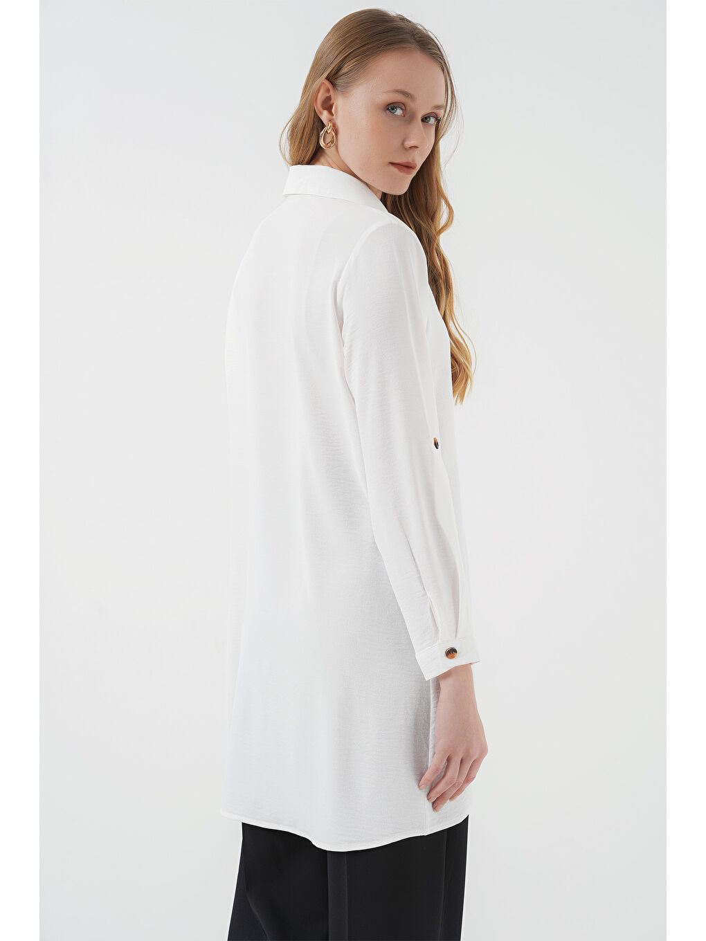 5851 Cep Detaylı Gömlek Tunik - Beyaz-4