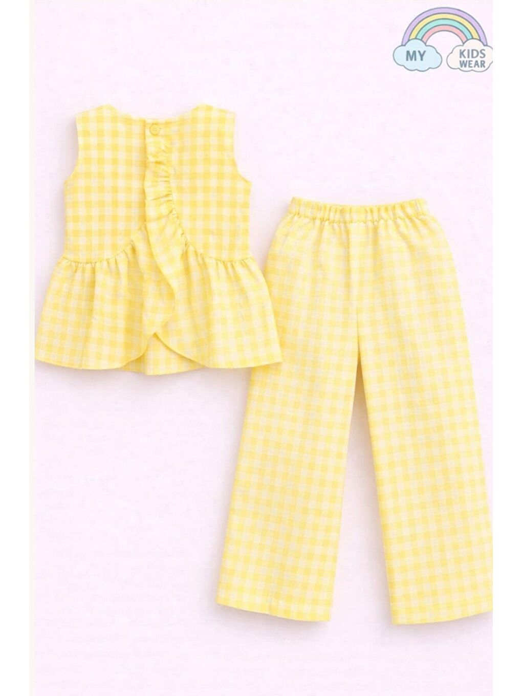 Sarı Kız Çocuk Pötikareli Peplum Bluz ve Pantolon Takımı 12690-3