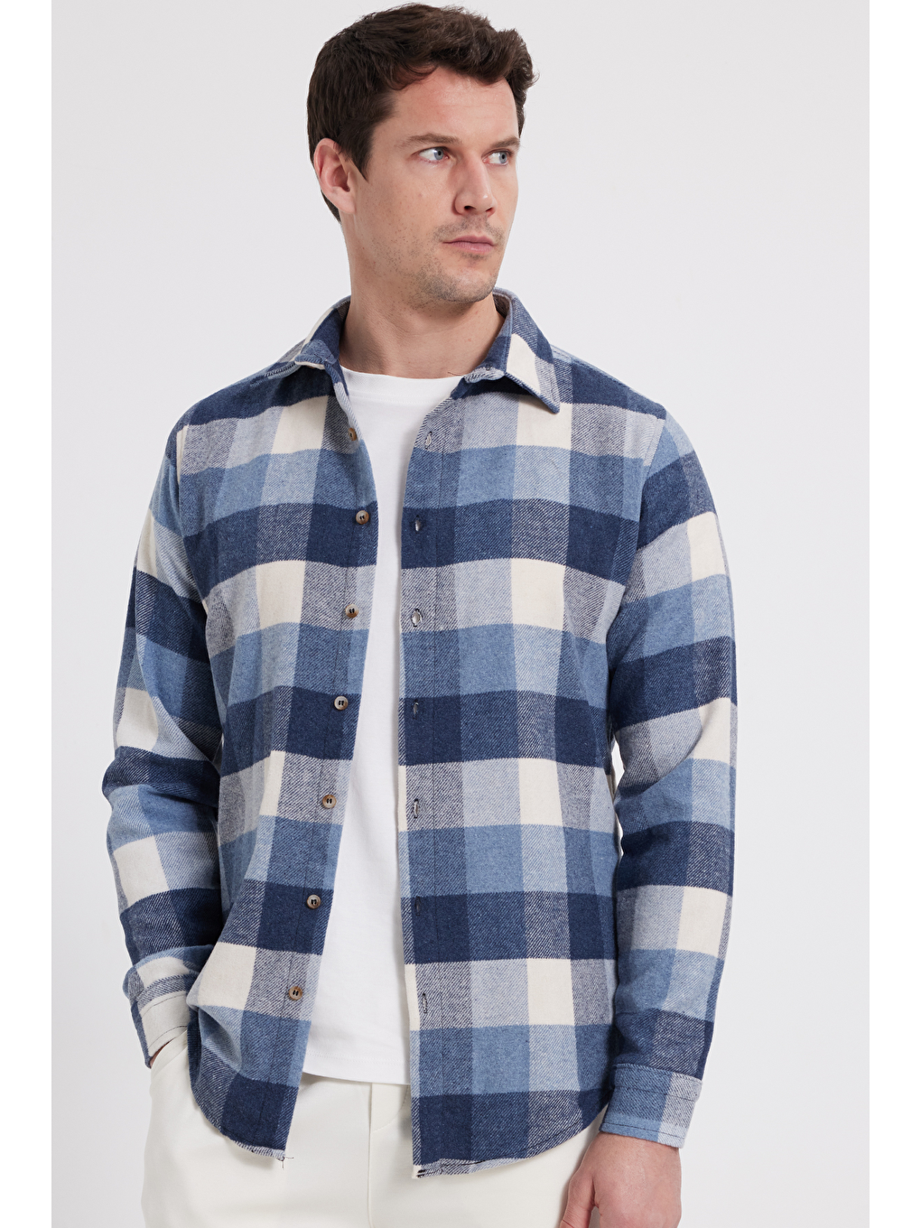 Mavi Erkek Slim Fit Dar Kesim Kareli Kışlık Oduncu Gömlek-6