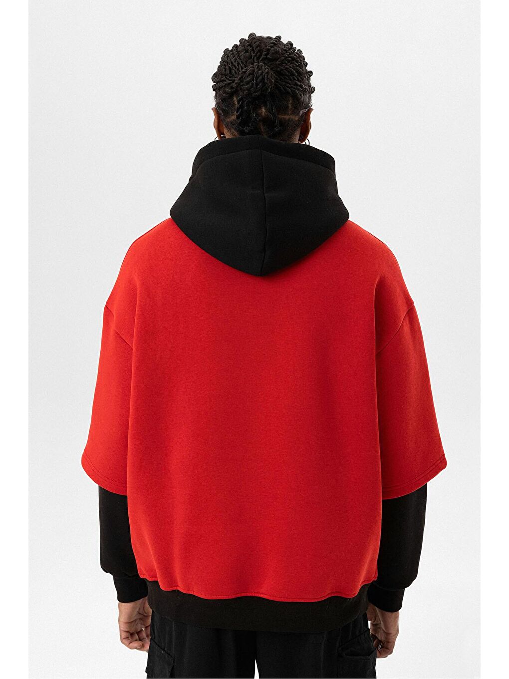Baskılı Çift Kol Detaylı Oversize Kapüşonlu Sweatshirt Hoodie Kırmızı-4