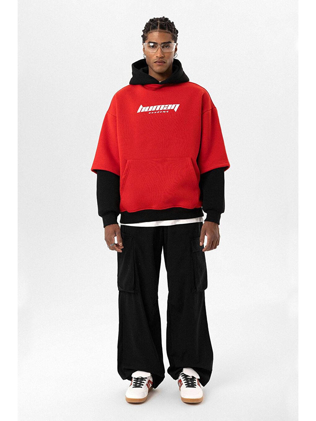 Baskılı Çift Kol Detaylı Oversize Kapüşonlu Sweatshirt Hoodie Kırmızı-5