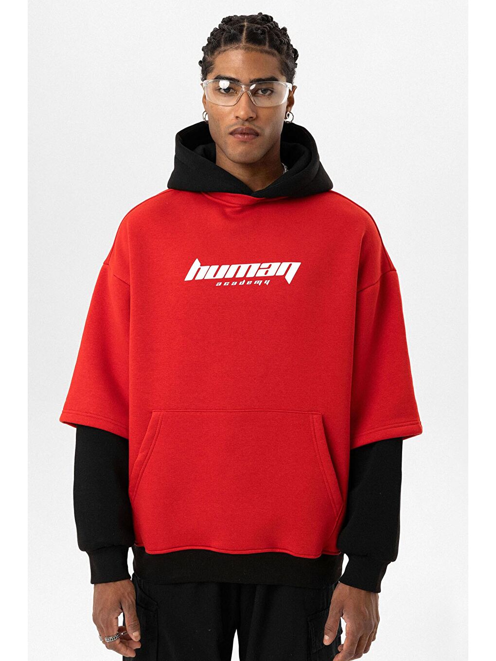 Baskılı Çift Kol Detaylı Oversize Kapüşonlu Sweatshirt Hoodie Kırmızı-7