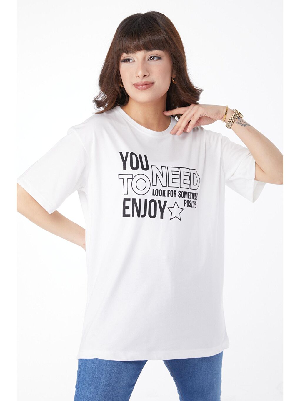 TOFİSA Ekru Düz Bisiklet Yaka Kadın Ekru Baskılı T-shirt - 25175 - 1