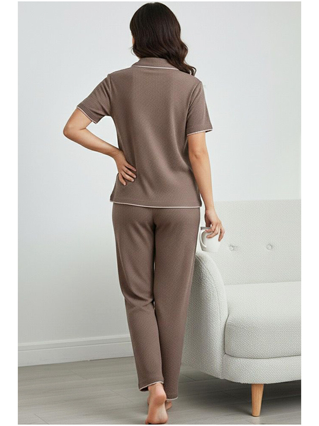Kahverengi Kiraz Nakışlı Cepli Bürümcük-krınkıl Kısa Kollu Düğmeli Örme Pijama Takım-2