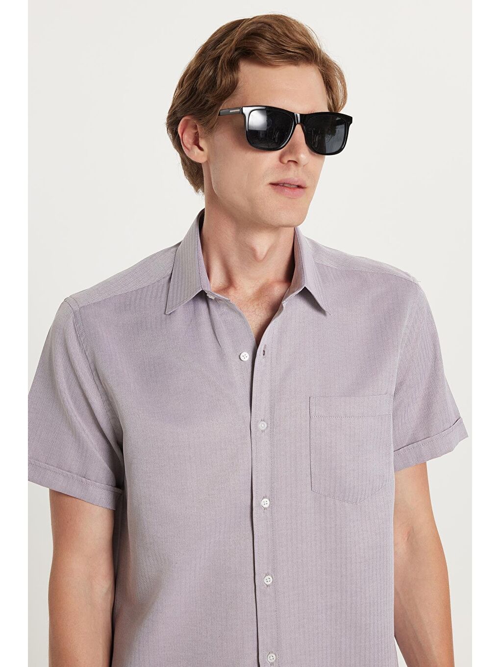 Erkek Regular Fit Klasik Kesim Kısa Kollu Pamuklu Tek Cepli Armürlü Gri Gömlek-1