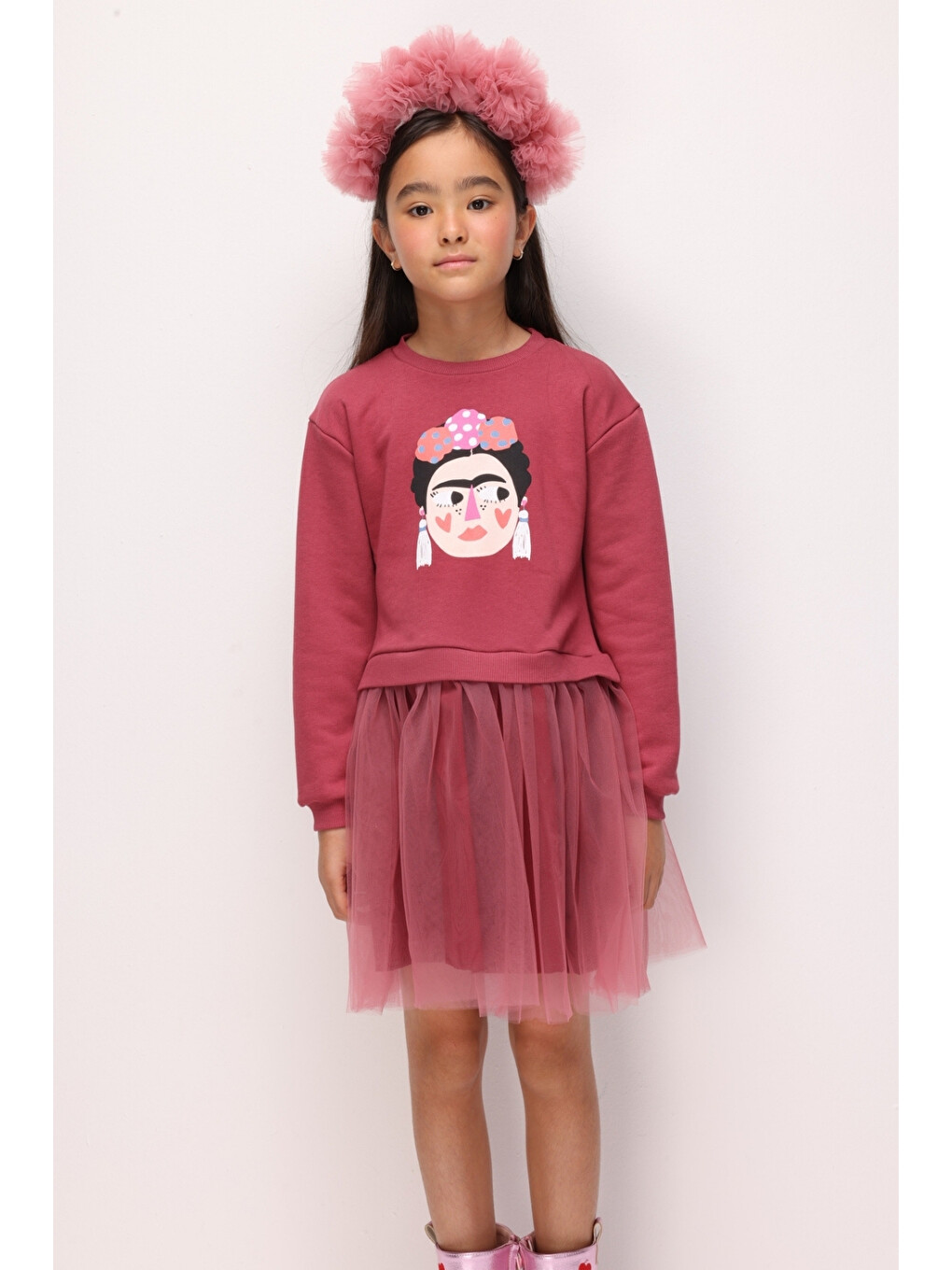 Pembe Gülkurusu Baskılı Tül Etekli Kız Çocuk Elbise - Ava-1