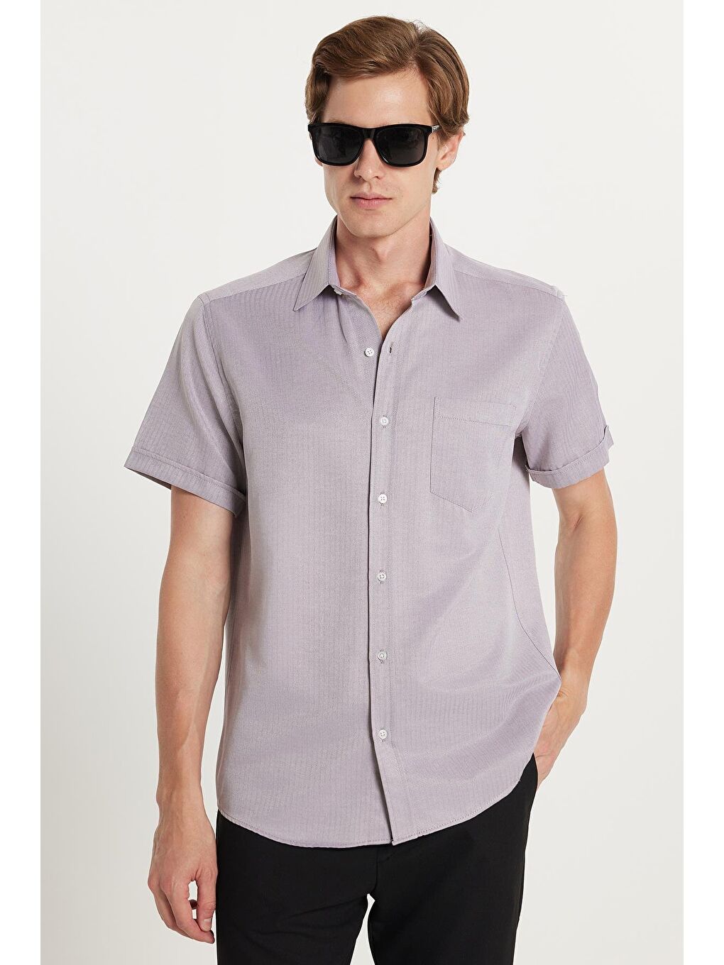 Erkek Regular Fit Klasik Kesim Kısa Kollu Pamuklu Tek Cepli Armürlü Gri Gömlek-3