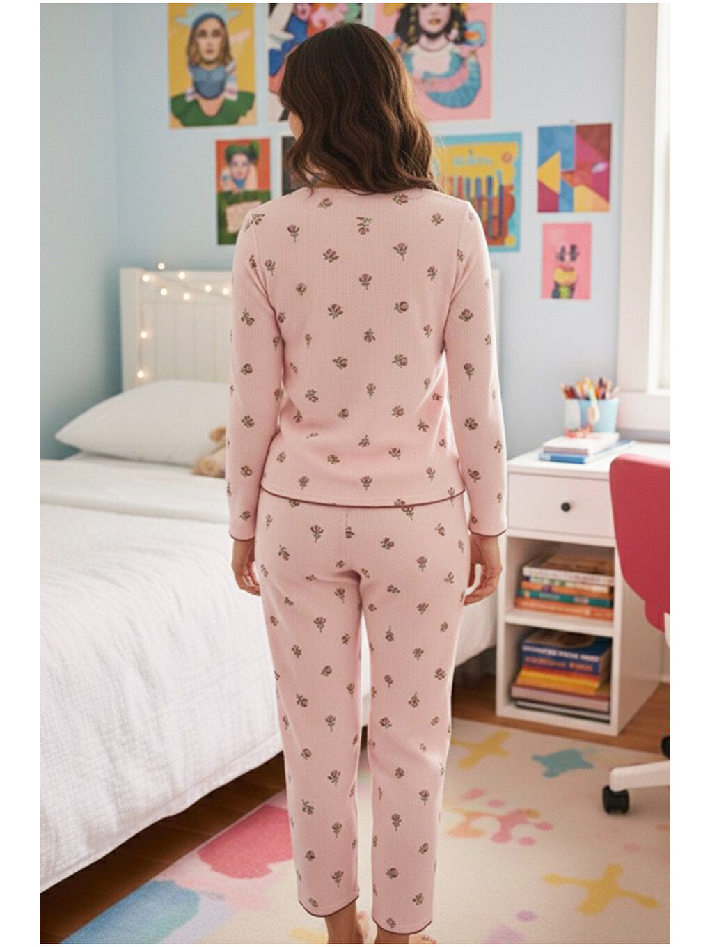 Pembe Çiçek Desenli Dantelli Bürümcük-krınkıl Uzun Kollu Pijama Takım-2